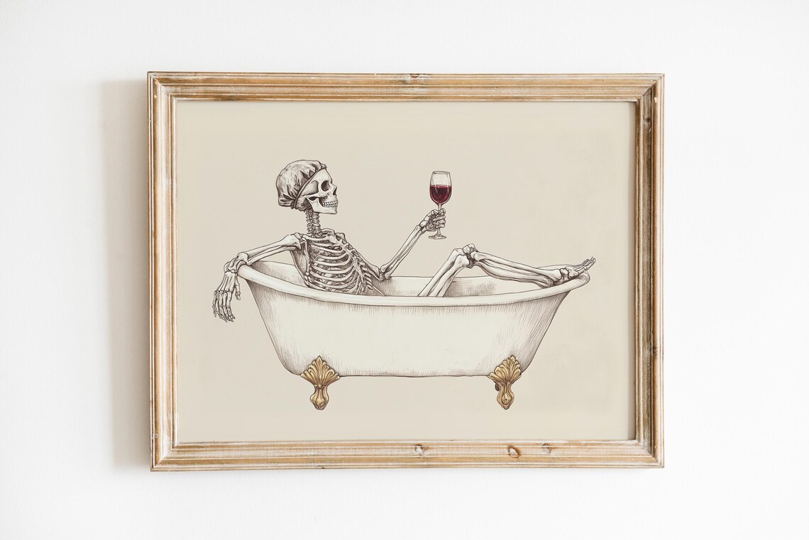 Funny Skeleton Drinking Wine In Bathtub Art Print