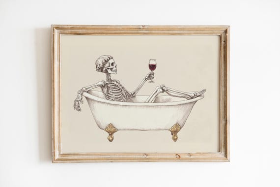 Funny Skeleton Drinking Wine In Bathtub Art Print