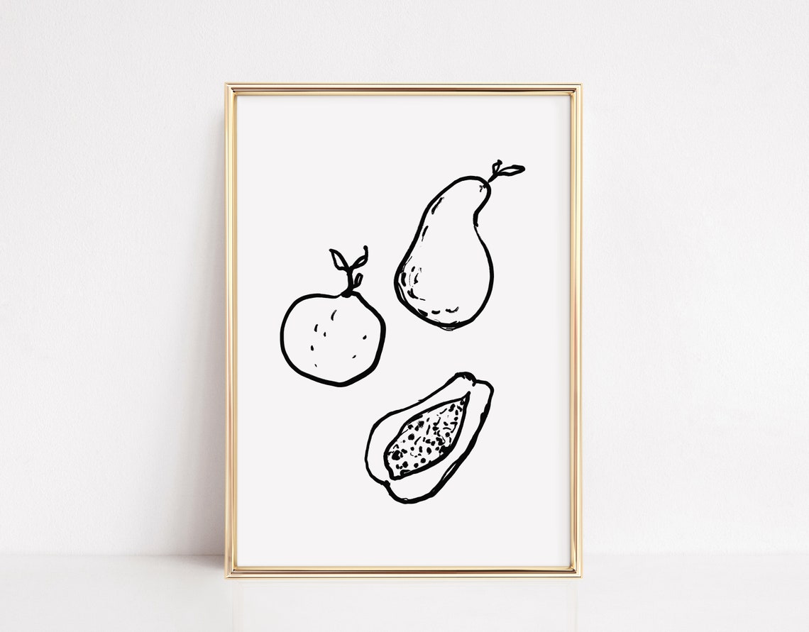 Black And White Fruit Line Drawing Pear Papaya Kitchen Poster