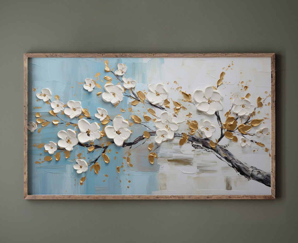 Blue White Gold Floral Oil Painting Art Print - Image 2