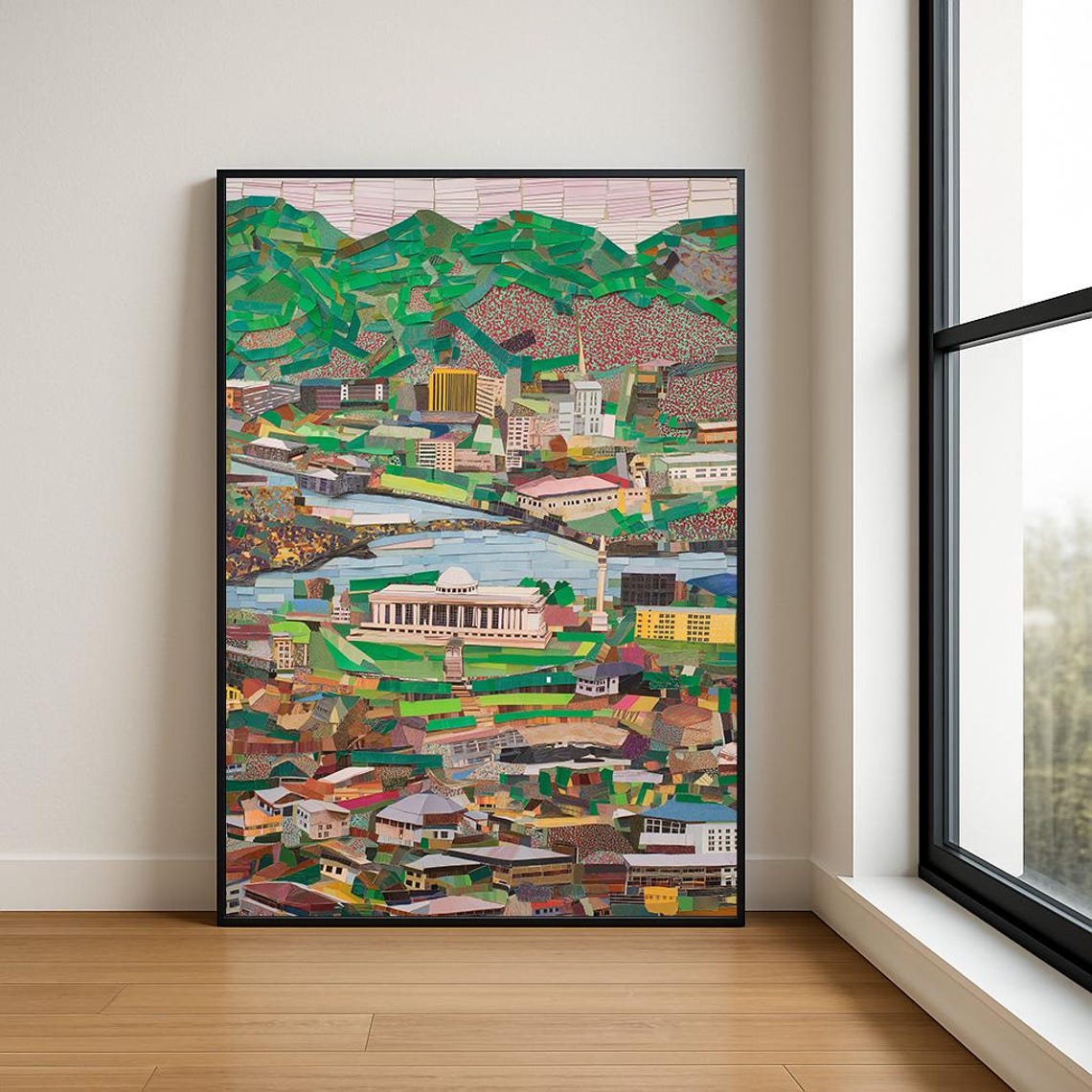 Paper Cut Cityscape Collage Domed Building River Green Art Poster