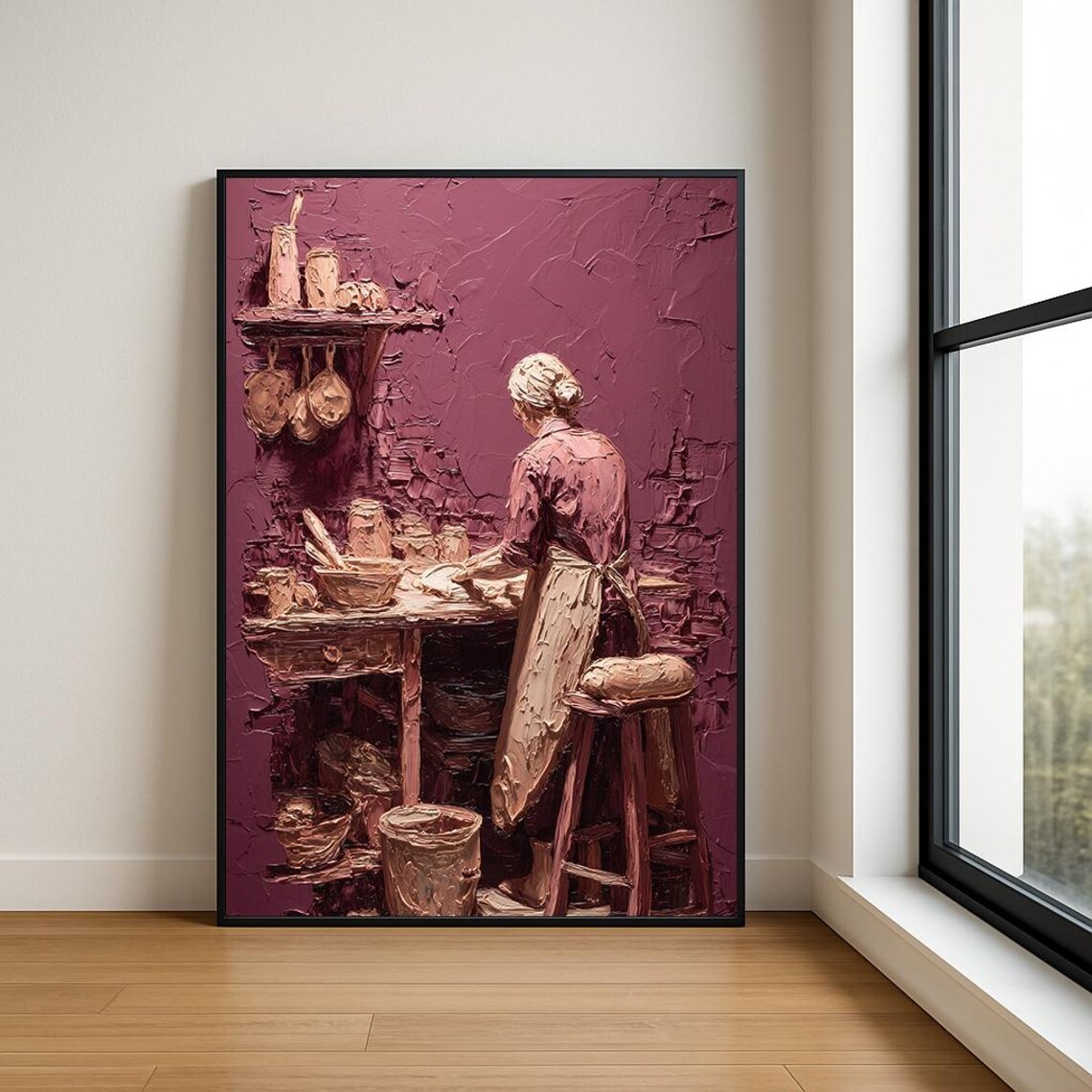 Woman at Rustic Kitchen Table Pink Impasto Oil Painting Poster