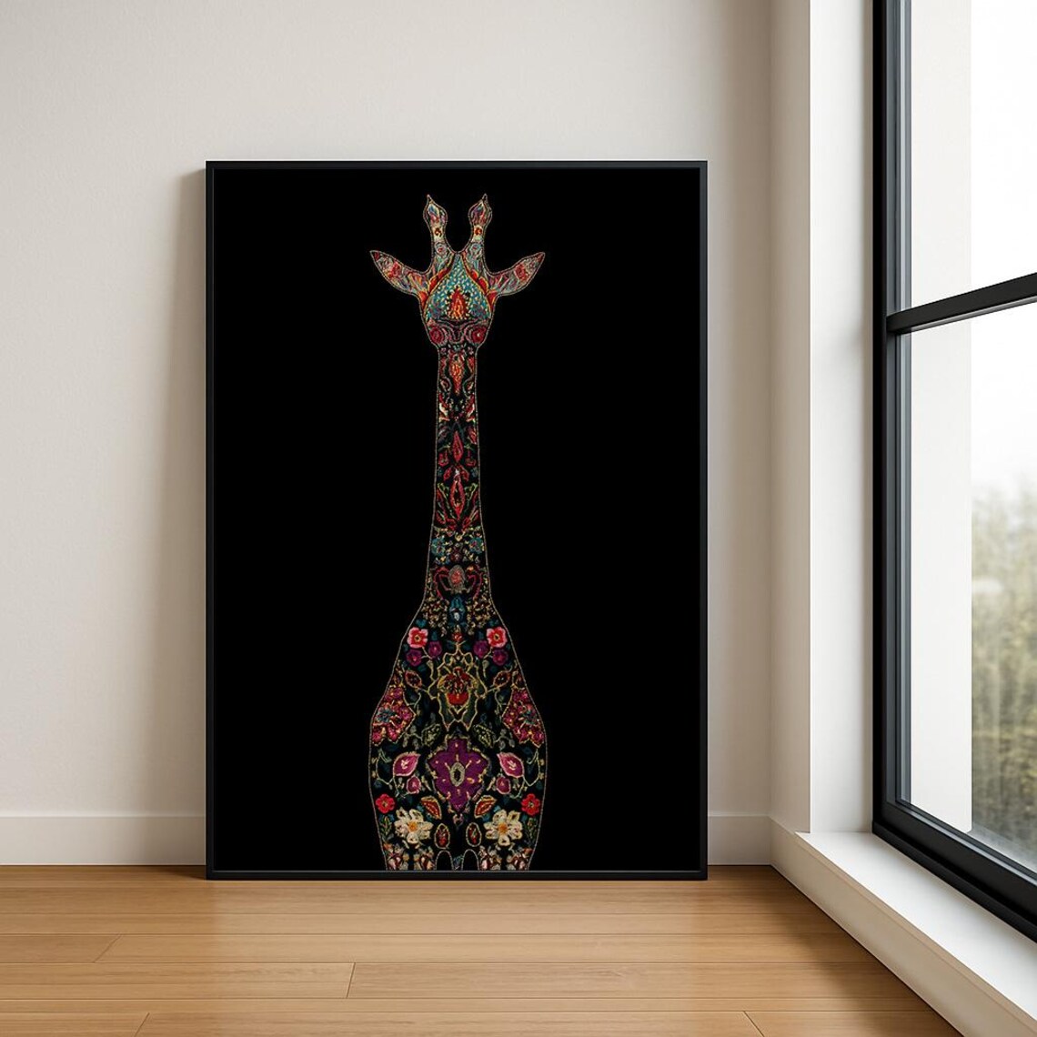 Embroidered Giraffe Colorful Floral Stitch Animal Art Poster