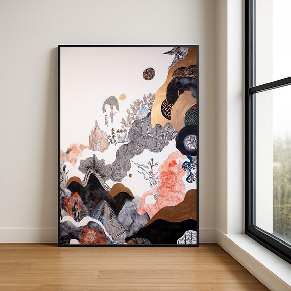 Japanese Abstract Mountain Cloudscape Ink Painting Gold Leaf Poster