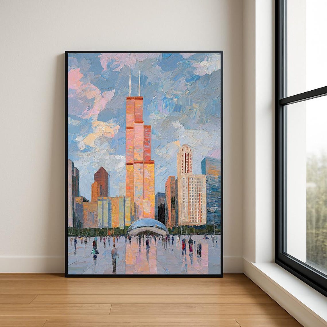Chicago Skyline Willis Tower Cloud Gate Textured Oil Painting Poster