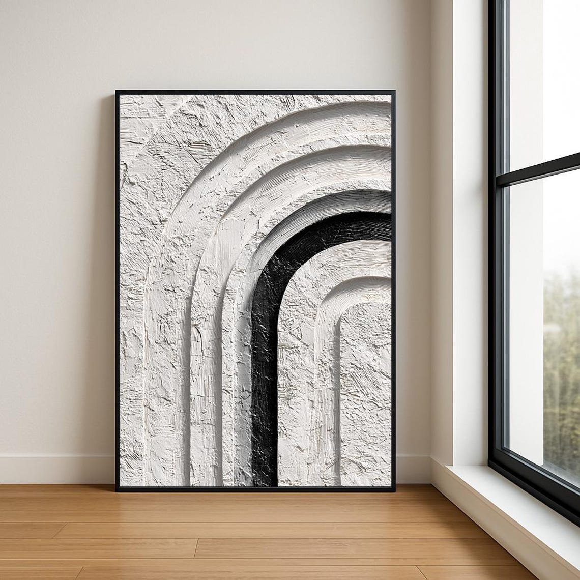 Modern Bold Overlapping Black Arches White Impasto Abstract Wall Art
