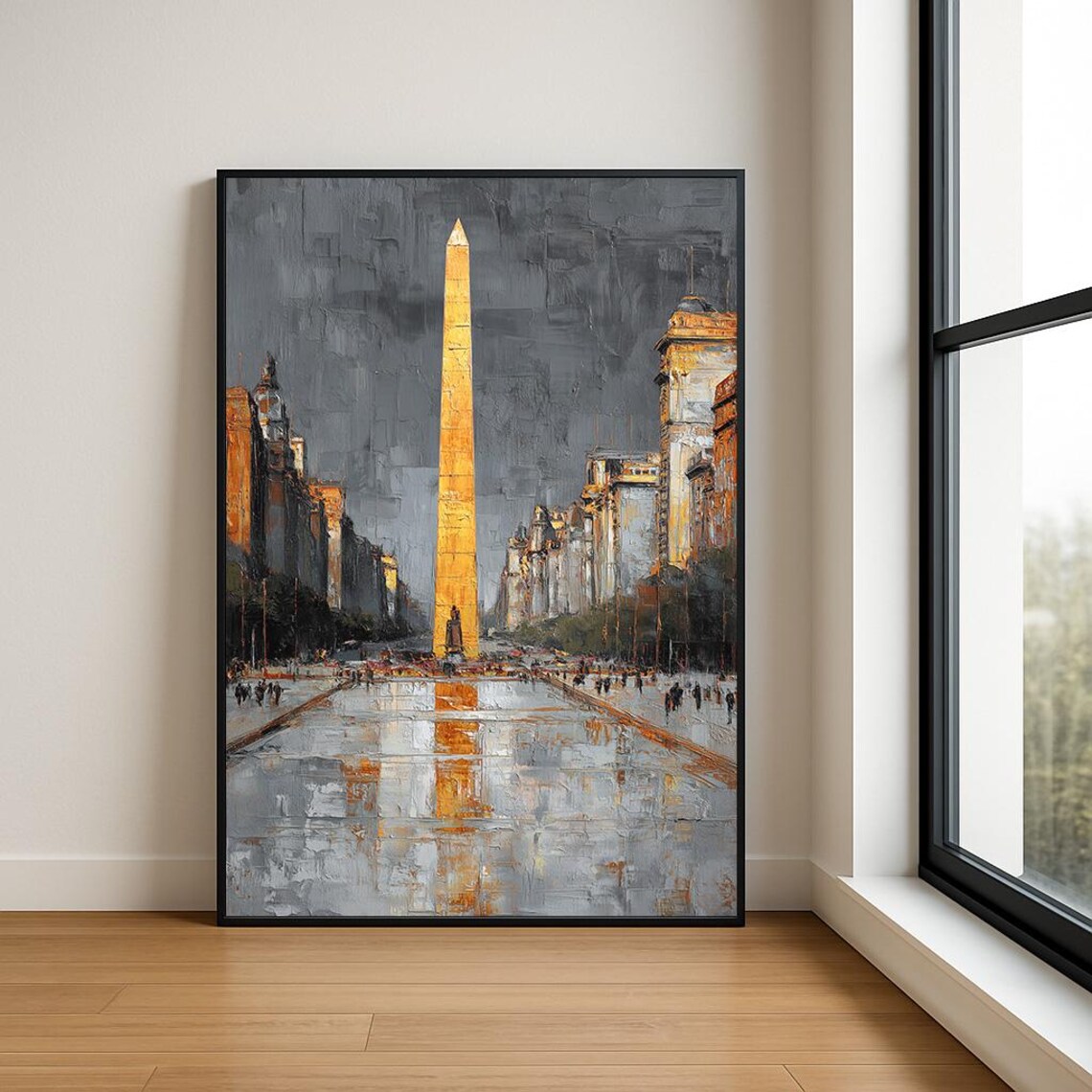 Golden Obelisk Grand Avenue Rainy City Impasto Oil Painting Poster
