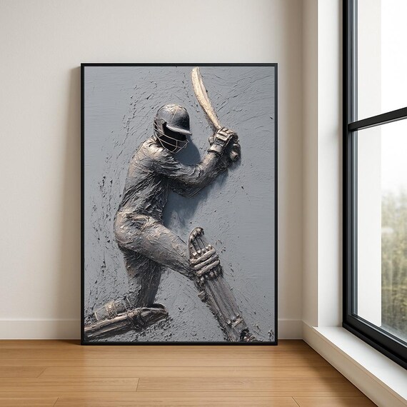 Grey Cricket Batsman Stone Relief Sculpture Modern Art Poster