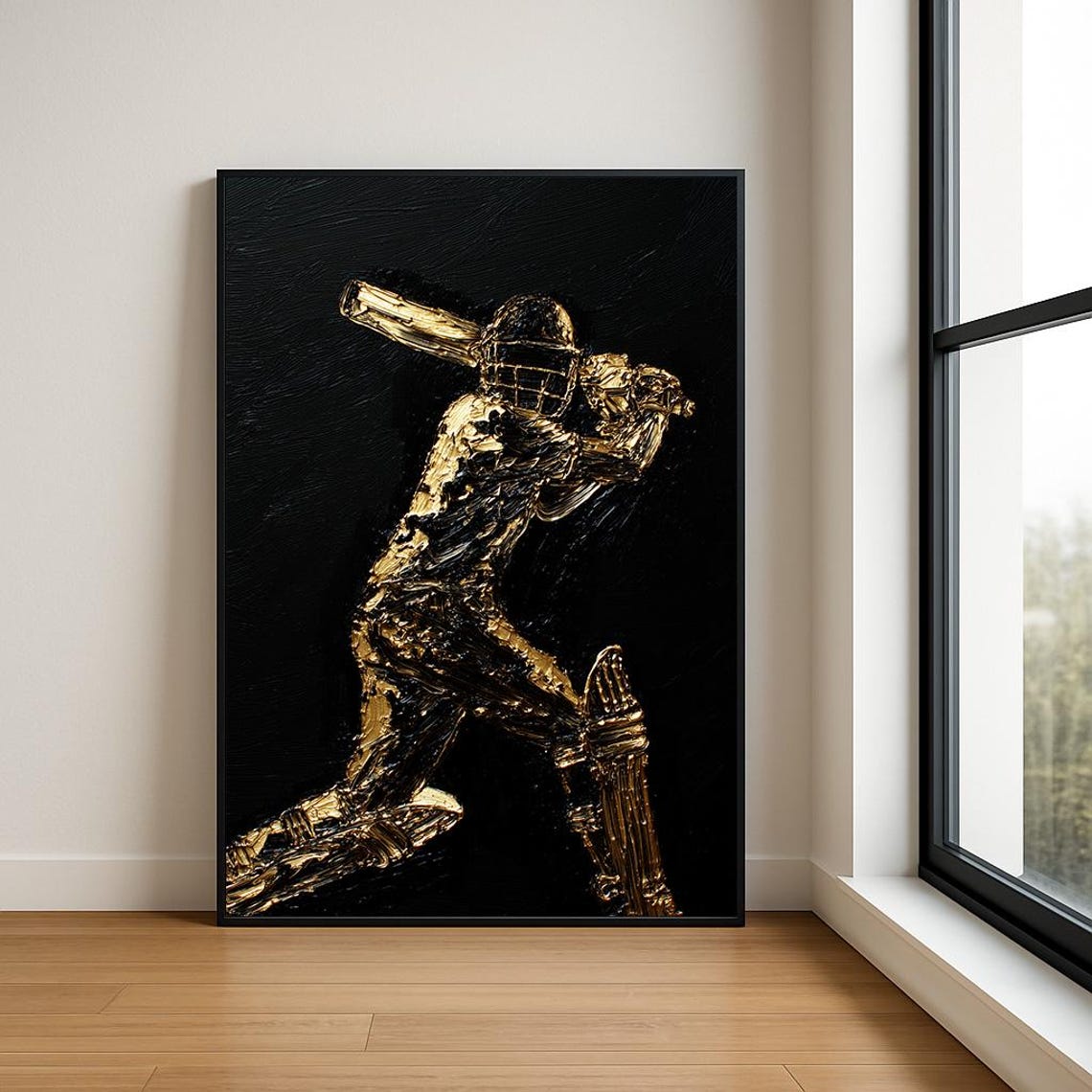 Golden Cricket Batsman Black Metallic Sculpted Relief Poster