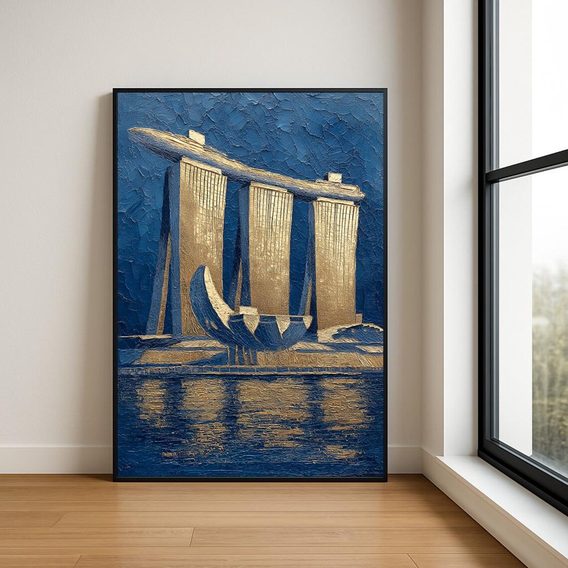 Marina Bay Sands Singapore Gold And Blue Impasto Oil Painting Poster