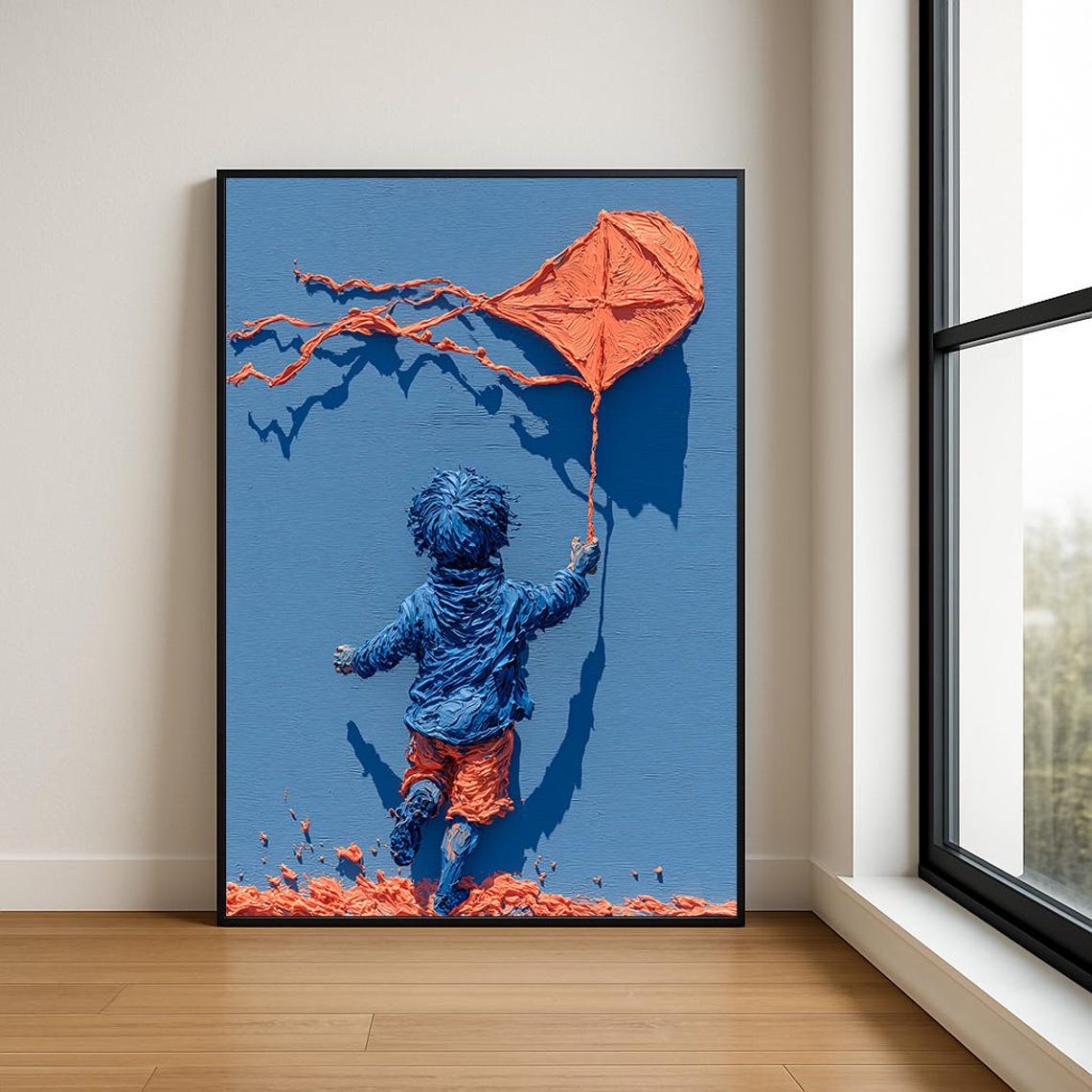 Boy With Orange Kite Cobalt Blue Textured Oil Painting Poster