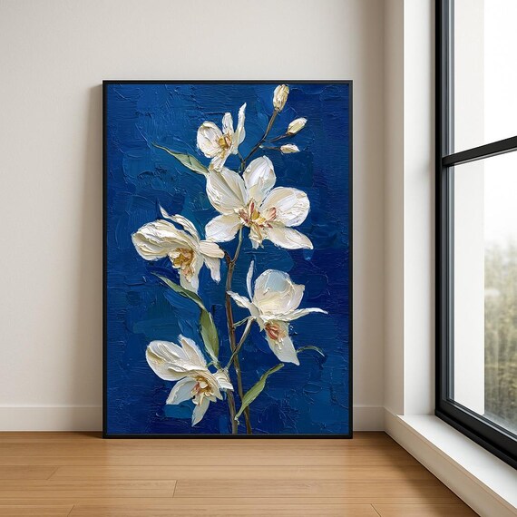 White Orchids on Deep Blue Textured Impasto Oil Painting Poster