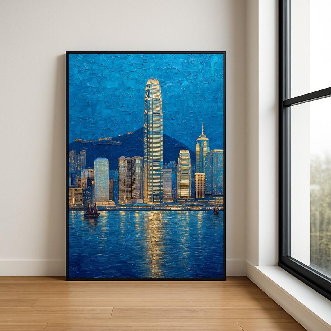 Hong Kong Harbour Daytime Oil Painting Blue Skyline Reflections Poster
