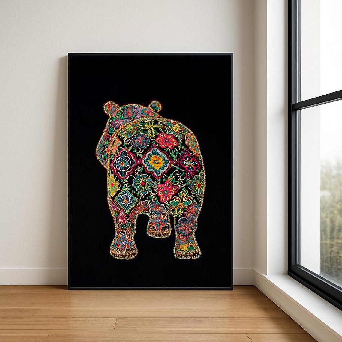 Colorful Embroidered Bear Back Floral Folk Art Boho Animal Poster
