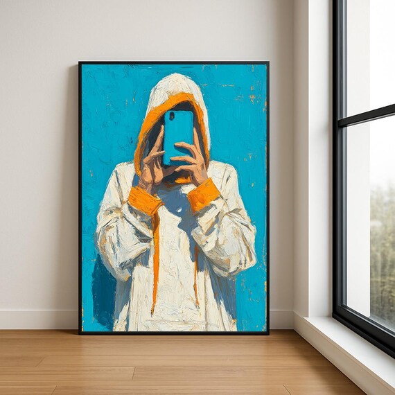 Hoodie Selfie Wall Art Print Modern Textured Oil Painting