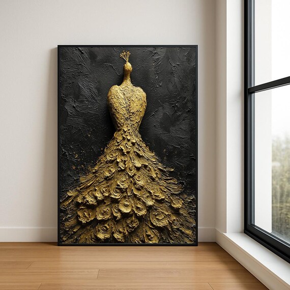 Golden Peacock Impasto Oil Painting Black Background Wall Poster