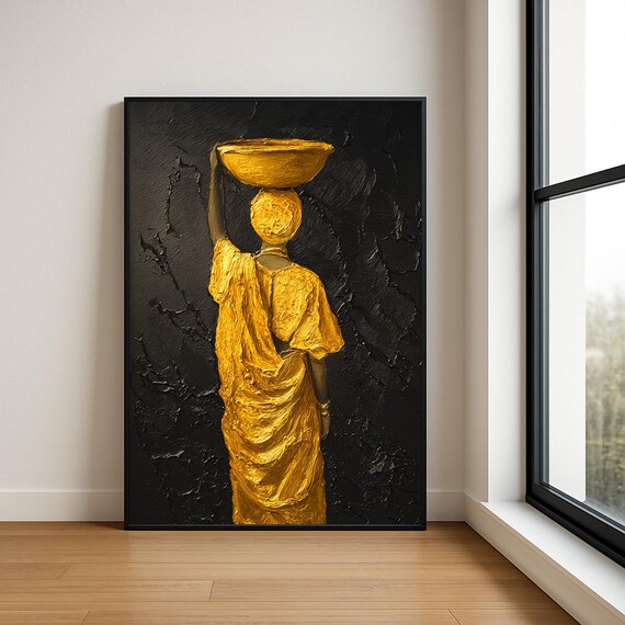 Golden Woman Carrying Basket on Black Textured Painting Poster