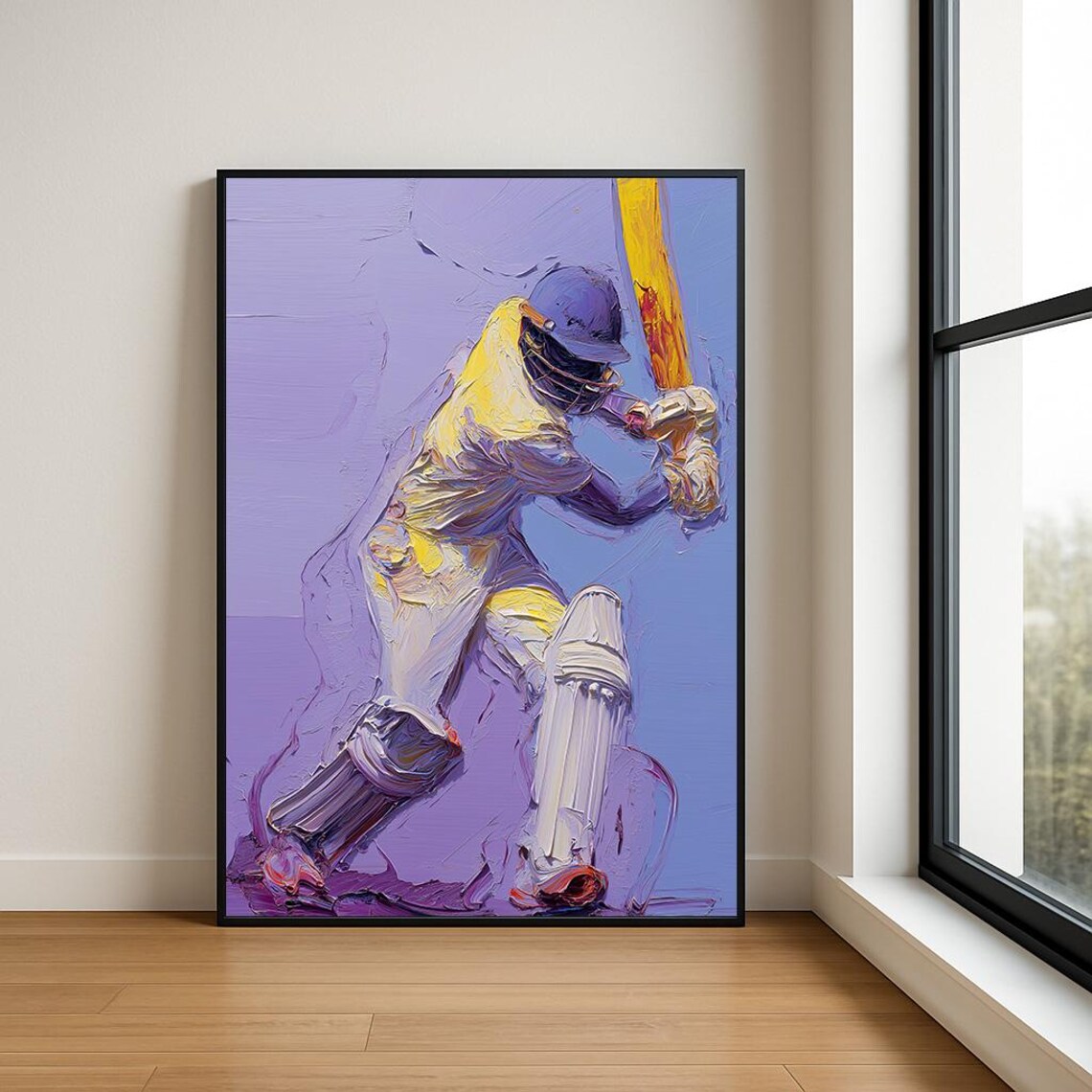 Cricket Batsman Swinging Purple Impasto Oil Painting Sports Poster