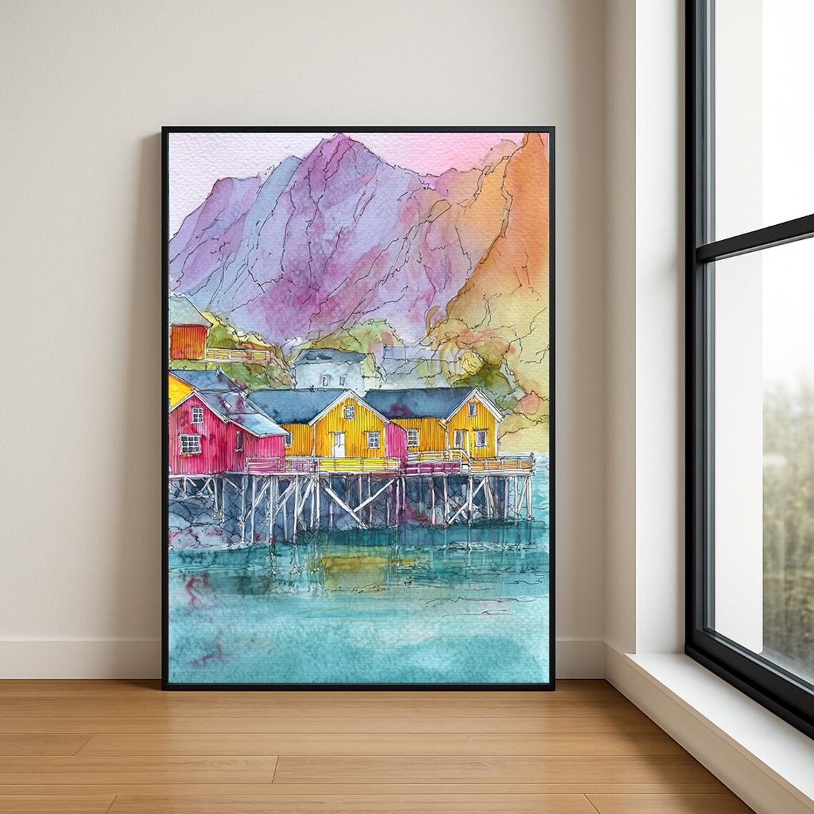 Nordic Fishing Village Stilt Cabins Turquoise Watercolor Poster Art