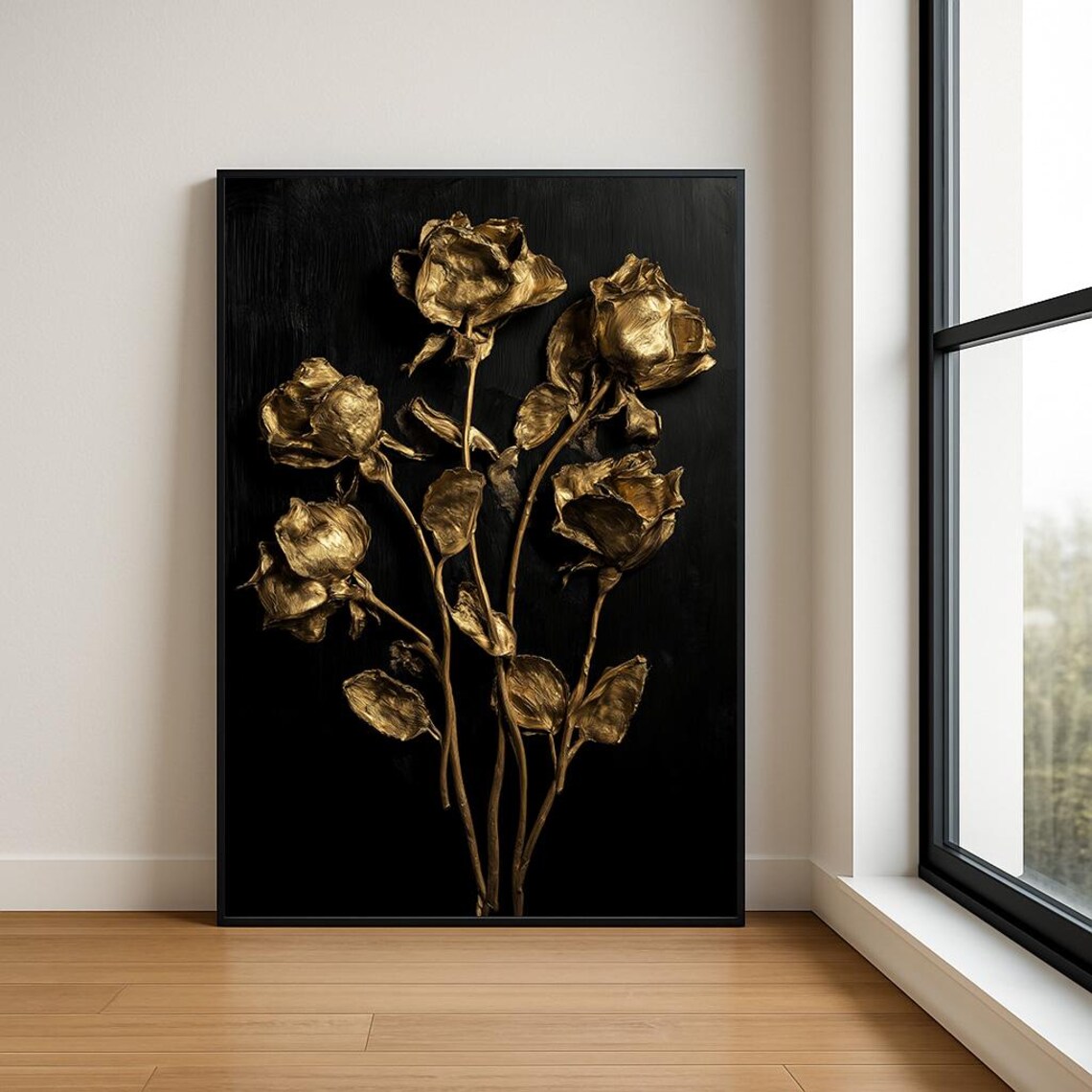Golden Roses Black Background 3D Impasto Oil Painting Poster
