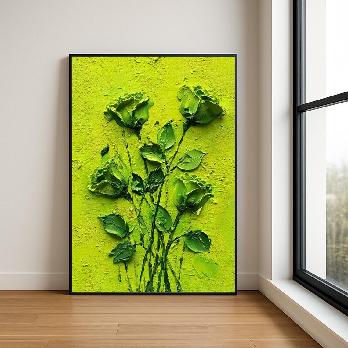 Green Roses on Lime Textured Impasto Botanical Oil Painting Poster