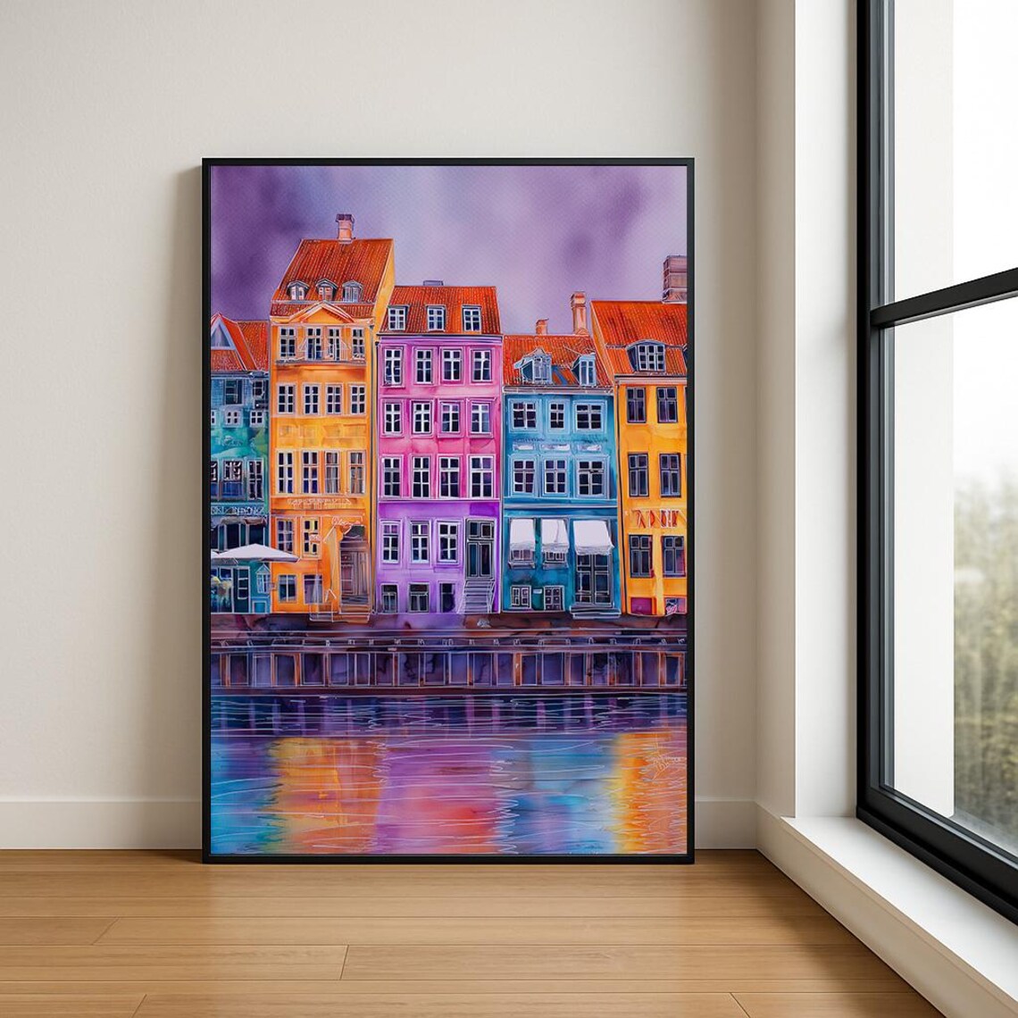 Colorful European Canal Houses Waterfront Watercolor Art Poster