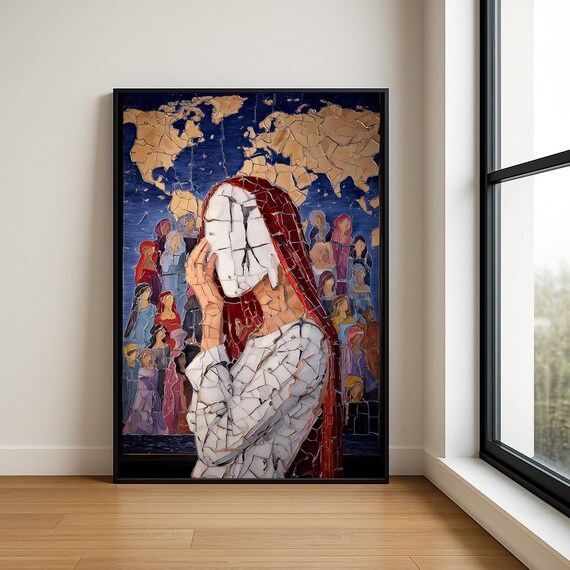 Mosaic People World Map Art Print Global Unity Home Decor