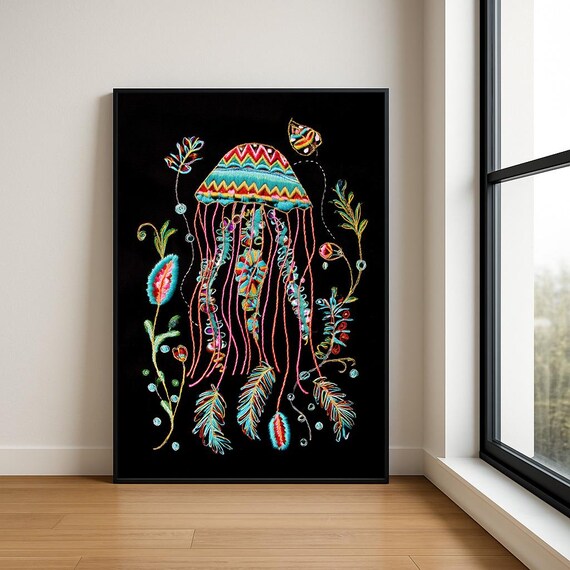 Colourful Embroidered Animal Wall Art Boho Illustration Print Vibrant Textile Style Home Decor
