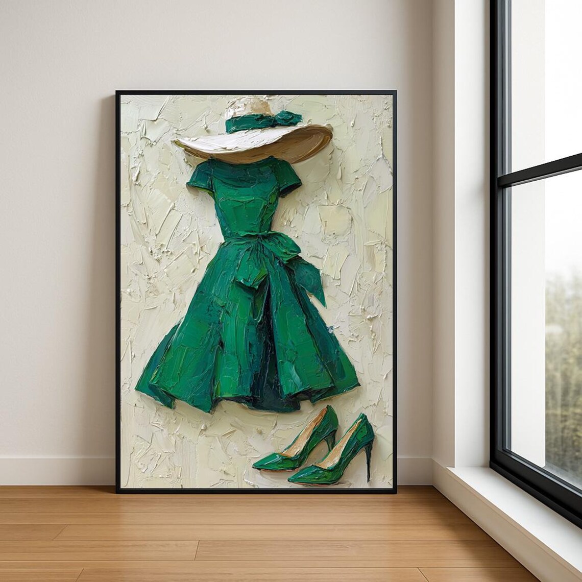 Emerald Green Dress White Hat Heels Impasto Fashion Still Life Poster
