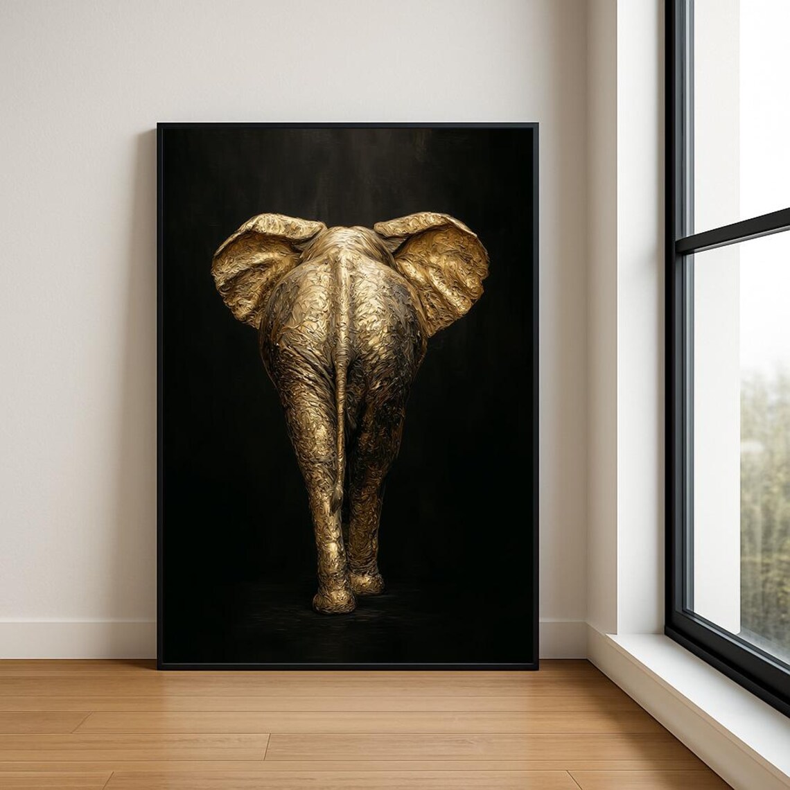 Golden Elephant Walking Away Textured Oil Painting Black Background Poster