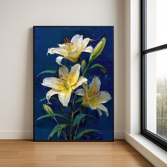 White Lilies Deep Blue Background Impasto Oil Painting Floral Poster