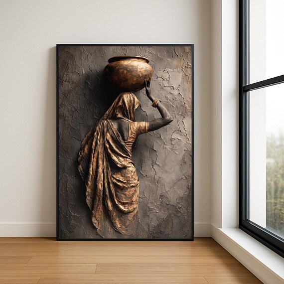 Sculpted Bronze Relief Indian Woman Carrying Pot Textured Poster