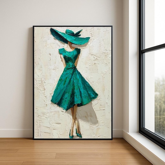 Emerald Green Lady in Swirling Dress Wide Hat Fashion Wall Art