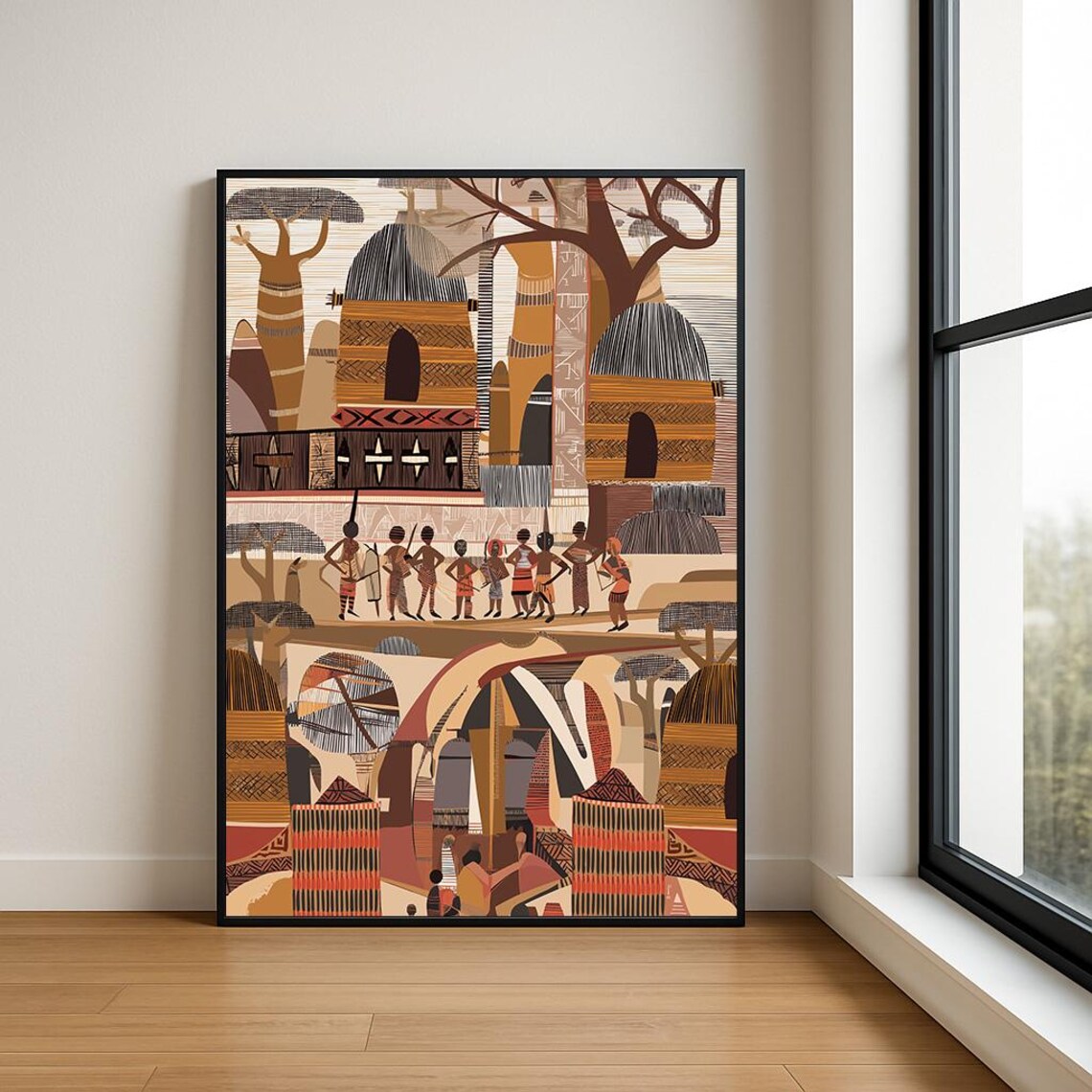 African Village Huts Baobab Trees Earth Tone Folk Art Poster