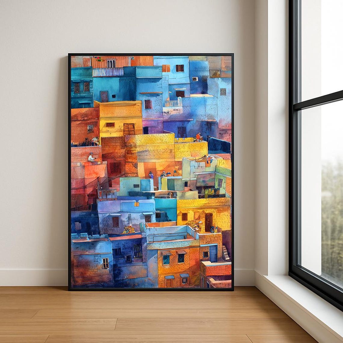 Colorful Blue Old Town Rooftops Sunset Watercolor Travel Wall Art