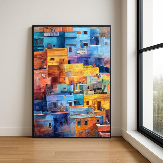 Colorful Blue Old Town Rooftops Sunset Watercolor Travel Wall Art