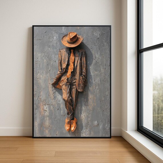 Modern Gentleman Abstract Oil Painting Suit Hat Wall Art Luxury Decor Print
