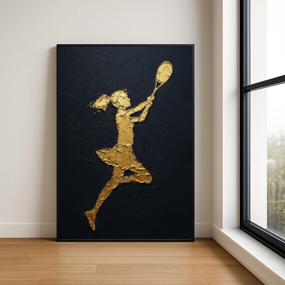 Golden Female Tennis Player Swing Impasto Oil Painting Sports Poster