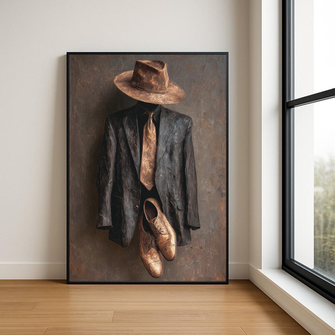 Dark Suit Leather Fedora Impasto Masculine Oil Painting Poster