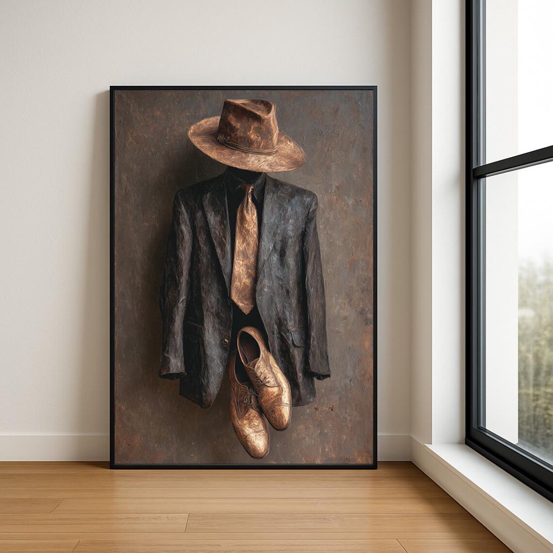 Modern Gentleman Abstract Oil Painting Suit Hat Wall Art Luxury Decor Print