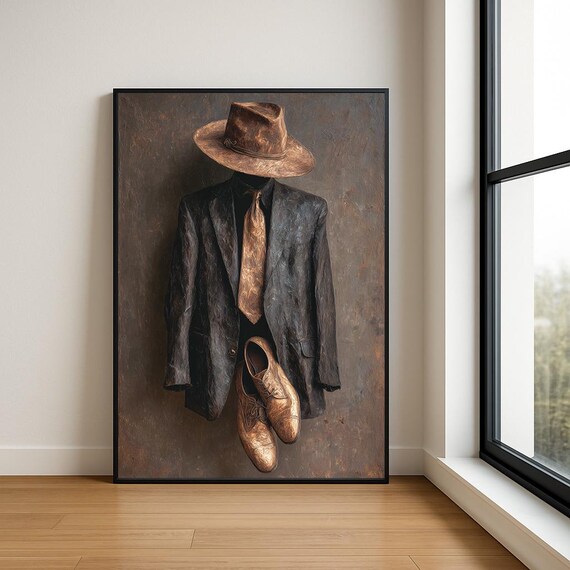 Modern Gentleman Abstract Oil Painting Suit Hat Wall Art Luxury Decor Print