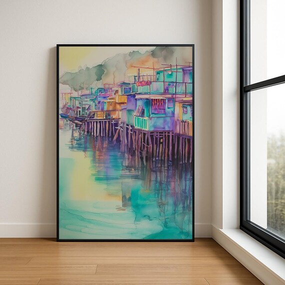 Blue And Yellow Old Town Watercolor Narrow Streets Cityscape Wall Art