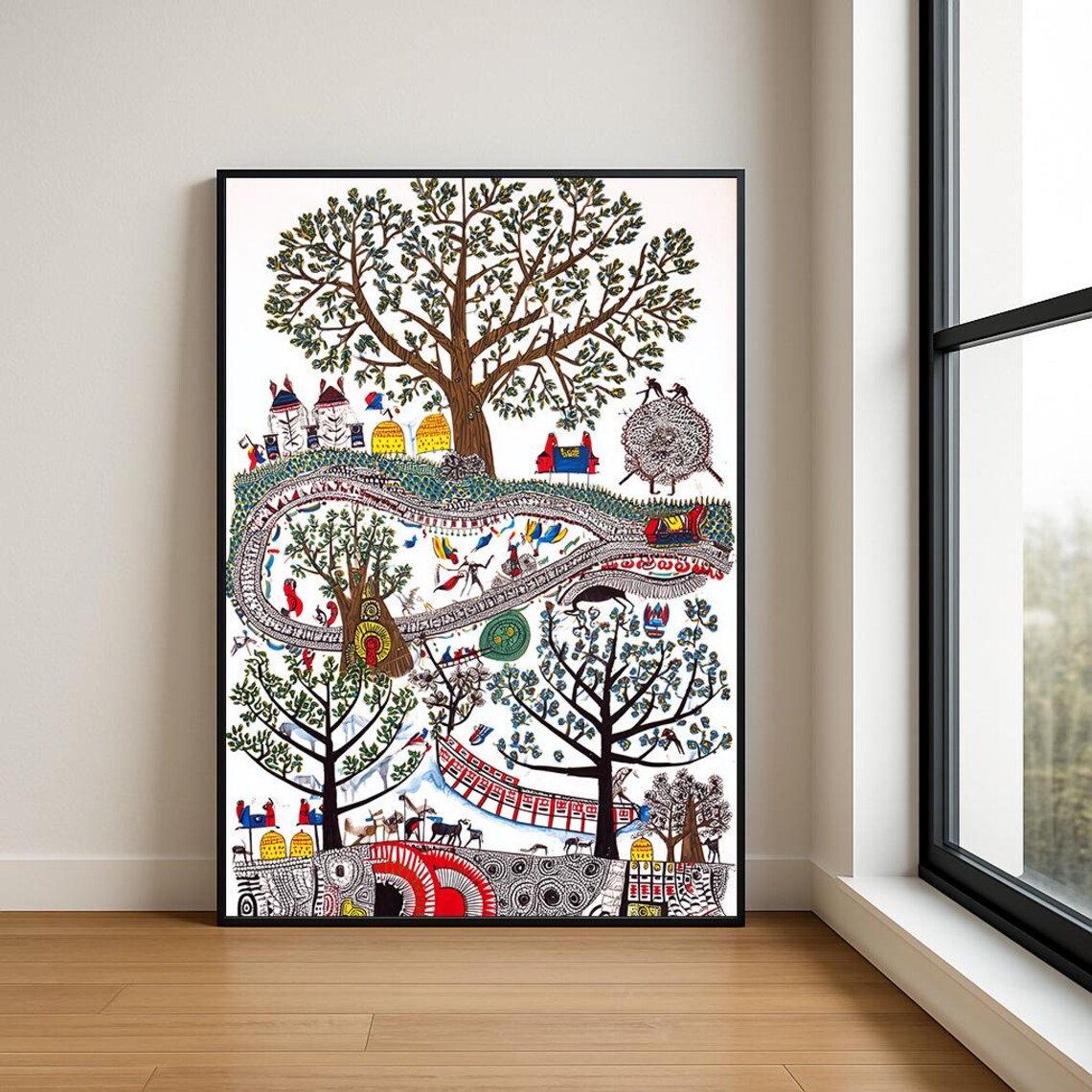 Village Life Folk Art Colorful Trees Huts and People Art Poster