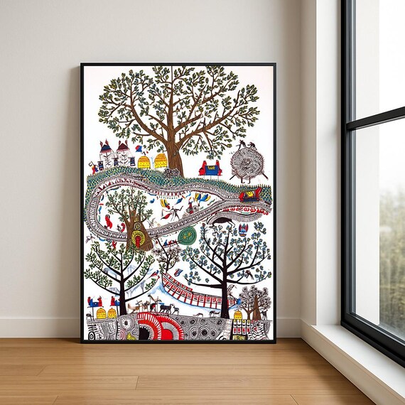Village Life Folk Art Colorful Trees Huts and People Art Poster