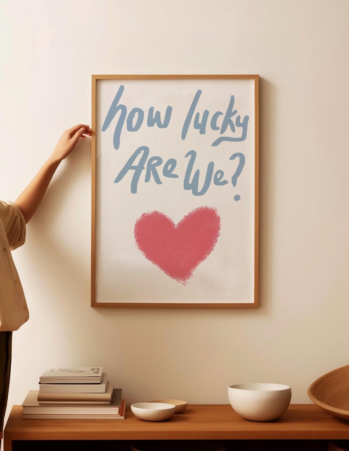 How Lucky Are We Blue Script Red Heart Watercolor Quote Poster