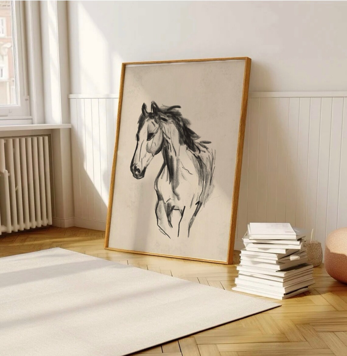 Wild Horse Head Black Ink Sketch Equestrian Art Gold Frame Poster - Image 2