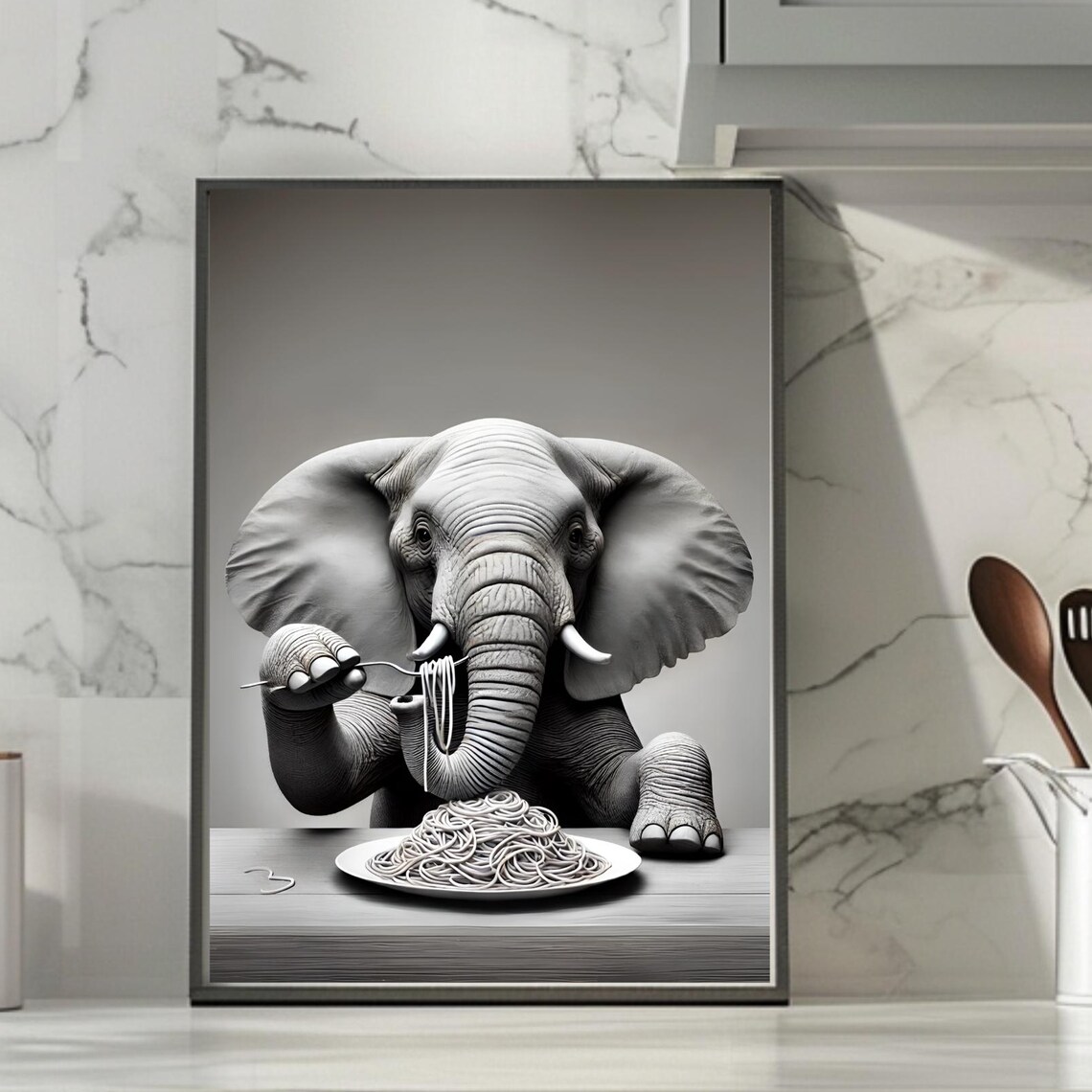Funny Elephant With Spaghetti, Humorous Kitchen Art Print