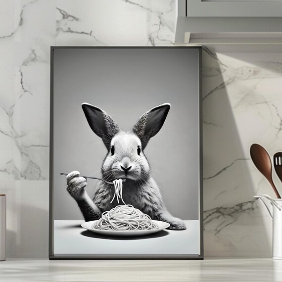 Rabbit Eating Spaghetti with a Fork Funny Kitchen Black and White Poster