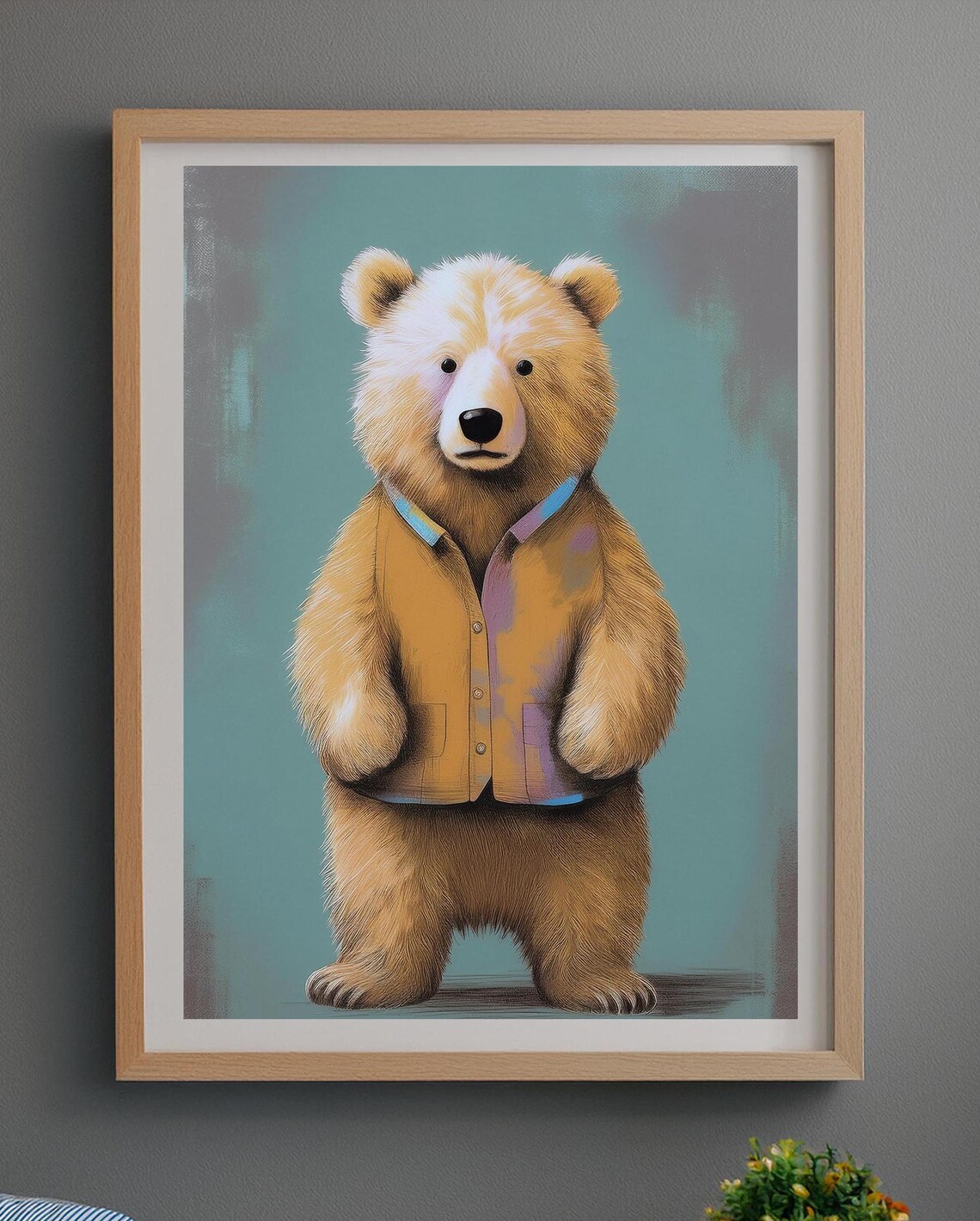 Cute Bear in Mustard Vest Kids Room Animal Portrait Art Poster - Image 3