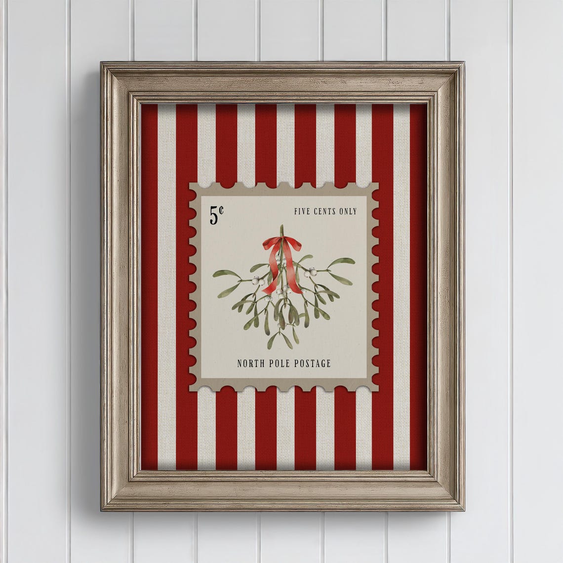 Mistletoe North Pole Postage Stamp Candy Stripe Christmas Poster